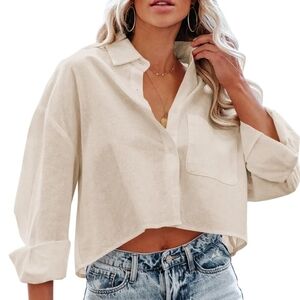 Women's Cream Button-Up Crop Top